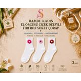 Yshine Bambu Parfümlü El Örgüsü Çiçek Detaylı Fırfırlı Kadın Soket Çorap 3'lü Premium Set - 36 - 40 - Beyaz