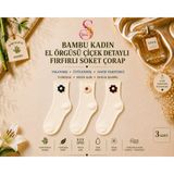 Yshine Bambu Parfümlü El Örgüsü Çiçek Detaylı Fırfırlı Kadın Soket Çorap 3'lü Premium Set - 36 - 40 - Ekru