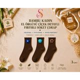 Yshine Bambu Parfümlü El Örgüsü Çiçek Detaylı Fırfırlı Kadın Soket Çorap 3'lü Premium Set - 36 - 40 - Kahve