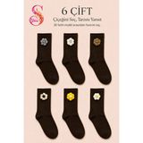 Yshine bambu Parfümlü El Örgüsü Çiçek Detaylı Fırfırlı Kadın Soket Çorap 6 Çift Premium Set - 36 - 40 - Kahverengi