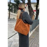 Ysmn Süet Deri Çift Saplı Geniş Kadın Omuz Çantası YC012035HSD - Taba
