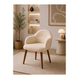 Yuems home Teddy Kumaş Makyaj Sandalyesi Gürgen Ahşap Ayaklı Modern Berjer (Krem)