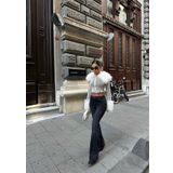 Yüksek Bel İspanyol Paça Likralı Füme Kadın Jean Pantolon