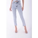 Yüksek Belli ve Yırtıklı Cepli Bilek Boy Kadın Kot Pantolon Normal Koyu Mavi Denim Dört Mevsim