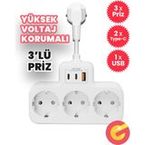 Yüksek Voltaj Korumalı Priz, Duvar Tipi Kısa Kablolu Priz Çoğaltıcı, 3x Priz, 2x Type-C, 1x Usb, 16A , 3680W, 1050 Joule, Çocuk Korumalı, Isıya Dayanıklı Yapı - Beyaz
