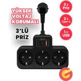 Yüksek Voltaj Korumalı Priz, Duvar Tipi Kısa Kablolu Priz Çoğaltıcı, 3x Priz, 2x Type-C, 1x Usb, 16A , 3680W, 1050 Joule, Çocuk Korumalı, Isıya Dayanıklı Yapı - Siyah