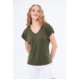 YÜKSEL IŞIK Kadın T-shirt V Yaka Basic Yeşil Renk Polamit Kumaş