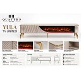 Yula Elektrikli Şömineli Tv Ünitesi 170 Cm Kum Beji Gold Metal Ayaklı Modern Tv Sehpası