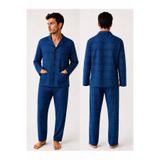 yula store AYSUN TEKSTİL Erkek Gömlek Yakan Rahat Kalıp Önden Cepli Önden Düğmeli Mevsimlik Büyük Beden Pijama Takımı %100 Pamuk