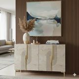 Yumedi Design KA1208BTG - Dünya Konsol, Tv Sehpası, Çok Amaçlı Dolap ve Kahve Köşesi 120CM Beyaz-Traverten-Gold - Beyaz Mermer