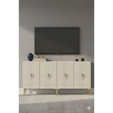 Yumedi Design KA1527BTG - Ayshe Konsol, Tv Sehpası, Çok Amaçlı Dolap ve Kahve Köşesi 150CM Beyaz-Traverten-Gold - Beyaz Mermer