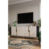 Yumedi Design KA1528ATG - Meba Konsol, Tv Sehpası, Çok Amaçlı Dolap ve Kahve Köşesi 150CM Antrasit-Traverten-Gold - Antrasit - Traverten - Gold