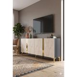 Yumedi Design KA1898ATG - Cherry Konsol, Tv Sehpası, Çok Amaçlı Dolap ve Kahve Köşesi 180CM Antrasit-Traverten-Gold - Antrasit - Altın