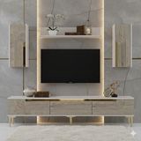 Yumedi Design TVR1803BTG - Dünya Tv Ünitesi Takımı 180CM Beyaz-Traverten-Gold - Beyaz - Gold