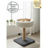 Yumuşacık Peluş Yuvarlak Kedi Yatağı Kedi Tırmalama Tahtası ve Kedi Evi- 4'lü Ponpon Oyunlu, Sıcacık Doku, Simit Yatak, Dayanıklı Jüt Ip, Kedi Dostu Malzemeler Yükseklik 55 cm - Koyu Gri - Krem
