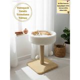 Yumuşacık Peluş Yuvarlak Kedi Yatağı Kedi Tırmalama Tahtası ve Kedi Evi- 4'lü Ponpon Oyunlu, Sıcacık Doku, Simit Yatak, Dayanıklı Jüt Ip, Kedi Dostu Malzemeler Yükseklik 55 cm - Sütlü Kahverengi - Krem