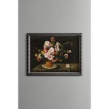 Yumuşak Tonlu Çiçek Natürmortu - Vintage Desenli Çerçeve - İnce Model, Gümüş, 21 x 30