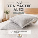 Yüncü Hanım Gri Renkli Kuzu Yünü Dolgulu Kapitoneli Yastık Alezi , Doğal Pamuk Kumaş 50X70 cm (2 Adet) - 50 x 70 cm