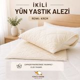 Yüncü Hanım Krem Renkli Kuzu Yünü Dolgulu Kapitoneli Yastık Alezi , Doğal Pamuk Kumaş 50X70 cm (2 Adet) - 50 x 70 cm