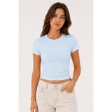 Yuniee Kadın Mavi %100 Pamuk Baby Tee (Dar Kalıp) Bisiklet Yaka Kısa Kollu Crop Tişört