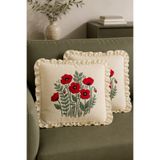 YUNUSOĞLU HOME 2'li Fırfırlı Gelincik Desenli Dekoratif Kırlent Kılıfı %100 Pamuk Organik Boya Baskılı 45x45 cm