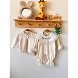 Yupera Ellie Kız Bebek Organik Pamuklu Çiçek Nakışlı Dantelli Kadife Tulum ve Hırka Takımı - 6 - 9 Ay - Açık Ekru