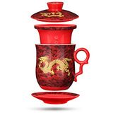 YURROAD Çin Ejderha Desenli Süzgeç Demlik ve Kapaklı ve Tabaklı Çay Kupası Seramik Çay Kupası Kullanışlı Sistem Çin Porselen Kişisel Çay Bardağı 13 Oz (380ml) - KIRMIZI, TC400