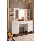 Yurudesign Monroe Makyaj Masası 7 Çekmece Kapaklı Düzenleyici Hollywood Led Işıklı Raflı Beyaz MO5-W