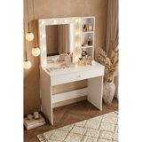 Yurudesign Monroe Makyaj Masası Çekmeceli Düzenleyici Hollywood Led Işıklı Raflı Beyaz MO3-W