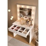 Yurudesign Monroe Makyaj Masası Çekmeceli Düzenleyici Hollywood Led Işıklı Raflı Beyaz MO4-W