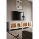 Yurudesign Yoda Temperli Cam Kapaklı Neon Led Işıklı Tv Ünitesi Tv Sehpası Vitrin Ahşap Ayaklı Sepet-Beyaz YD14-SW