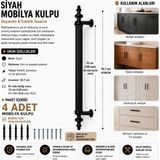 Yusa Stores Siyah Dolap Çekmece Kulpu 128 mm Mobilya Mutfak Banyo Dolabı Kulpu - 4 Adet
