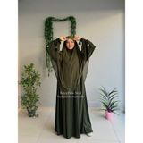 Yüsra Collection Papatya Nakışlı Liza Elbise ve Uzun Sufle 2”li Takım - Koyu Haki - Standart