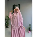 Yüsra Collection Papatya Nakışlı Liza Elbise ve Uzun Sufle 2”li Takım - Pudra - Standart