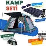 Yussraw 4-6 Kişi Kamp Çadırı Seti Taşınabilir Otomatik 240*240*155+LAMBA+YATAK+YASTIK+POMPA+HOPARLÖR - Yeşil