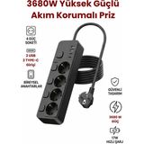 Yussraw 4lü Priz + 2 USB (2 Type-C) Akım Korumalı Anahtarlı Uzatma Kablosu – 2 Metre - Siyah