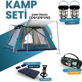 Yussraw 6-8 Kişi Kamp Çadırı Seti Taşınabilir Otomatik Dış 270*270*170+LAMBA+YATAK+YASTIK+POMPA+HOPARLÖR6-
