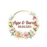 Yuvarlak Altın Yapraklı Çelenk Etiketi Kına Nişan Düğün 3X3 Cm Özel Etiket / 50 Adet Sticker