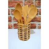Yuvarlak Bambu Standlı - Ahşap Kaşık Spatula Servis Seti -6 Parça - 1 lt