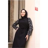 Yuvarlak Desenli Şifon Kollu Tuğba Model Elbise - Siyah - 38