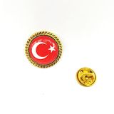 Yuvarlak Gold Renkli Türk Bayraklı Yaka Rozeti - 1 Adet