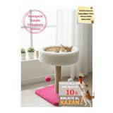 Yuvarlak Kedi Yatağı Yumuşacık Peluş Kedi Tırmalama Tahtası ve Kedi Evi- 4'lü Ponpon Oyunlu 55 cm