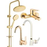 Yuvarlak Robot Duş Sistemi Gold Banyo Beyaz Mutfak Eviye ve Gold Lavabo Musluğu Bataryası 4’lü Set 4’lü Set Gold
