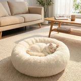 Yuvarlak Ultra Yumuşak Welsoft Peluş Kedi Ve Köpek Yatağı – Kaymaz Taban Tüylü Pet Pufu,Uyku Minderi (Krem) (5433)