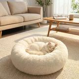 Yuvarlak Ultra Yumuşak Welsoft Peluş Kedi Ve Köpek Yatağı – Kaymaz Taban Tüylü Pet Pufu,Uyku Minderi (Krem) (5570)