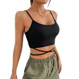 Yuvarlak Yaka Askılı Çapraz Bağcıklı Siyah Renk Fitilli Crop Top Bluz (Siyah, M)