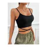 Yuvarlak Yaka Askılı Çapraz Bağcıklı Siyah Renk Fitilli Crop Top Bluz