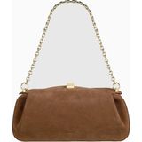 Yuzefi Oyster Süet Lüks Italyan Clutch ve Omuz Çantası, Gold Detaylı Tasarım - Kahverengi