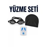 Yüzme Seti Siyah Gözlük Bone Kulak Tıkacı Burun Klipsi 4 Parça