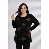 YXL COLLECTION Kadın Büyük Beden Bisiklet Yaka Taş Baskılı Uzun Kollu Anne Penye Tişört Bluz